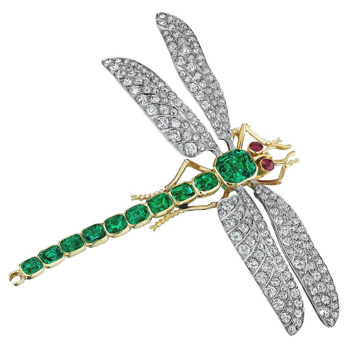 Marcus & Co. Art Deco Natural Emerald Diamond Ruby Gold Dragonfly Brooch