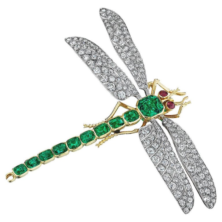 Marcus & Co. Natural Emerald Diamond Ruby Gold Dragonfly Brooch, ca. 1900-1909