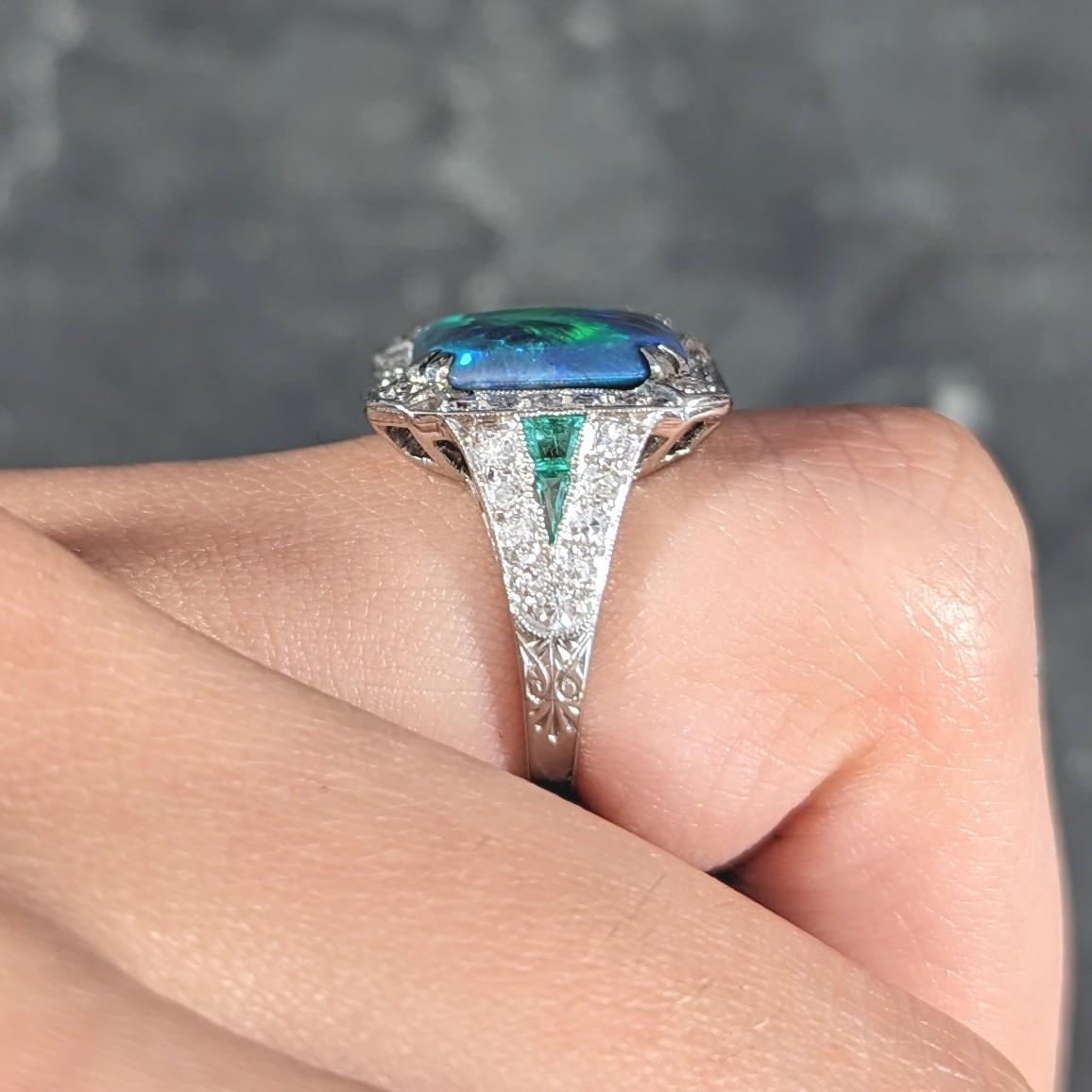 Marcus & Co. Art Deco Octagonal Black Opal Emerald Diamond Platinum Halo Ring For Sale 6
