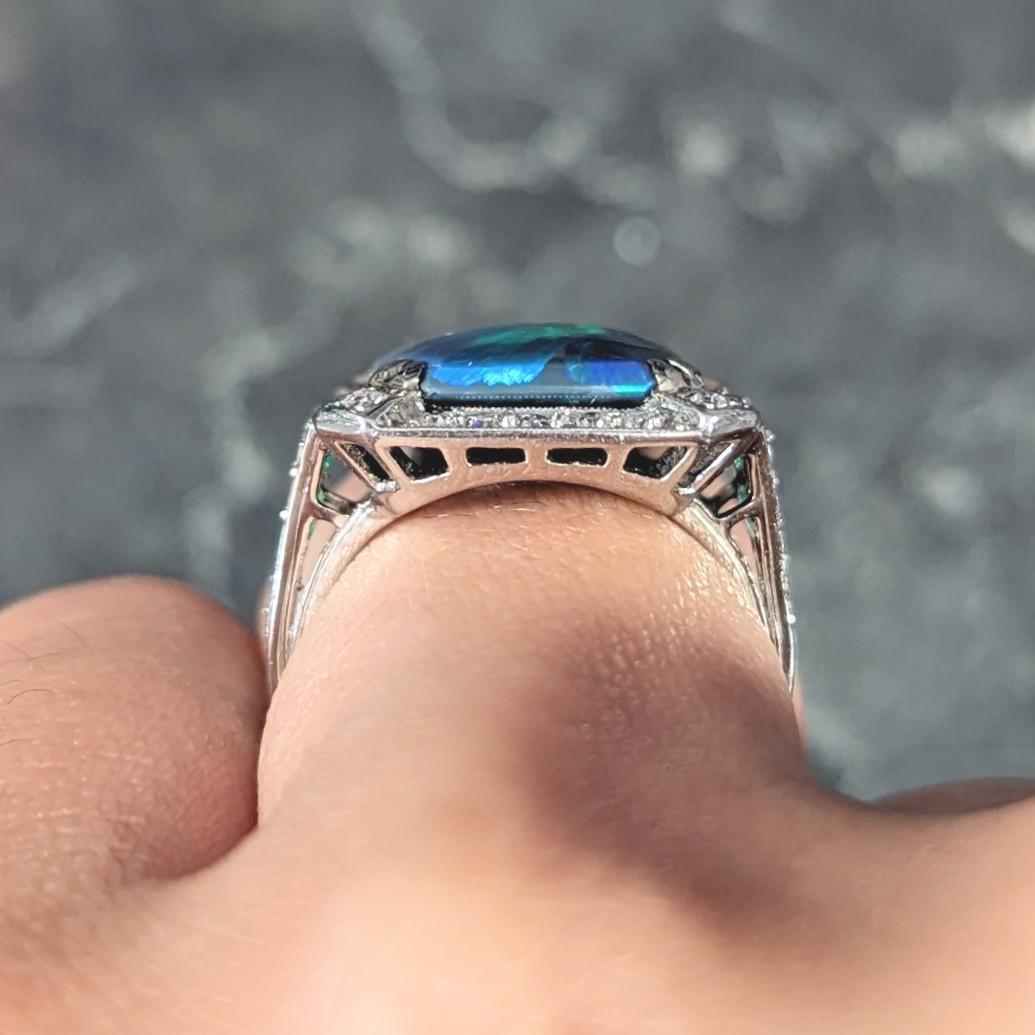 Marcus & Co. Art Deco Octagonal Black Opal Emerald Diamond Platinum Halo Ring For Sale 7