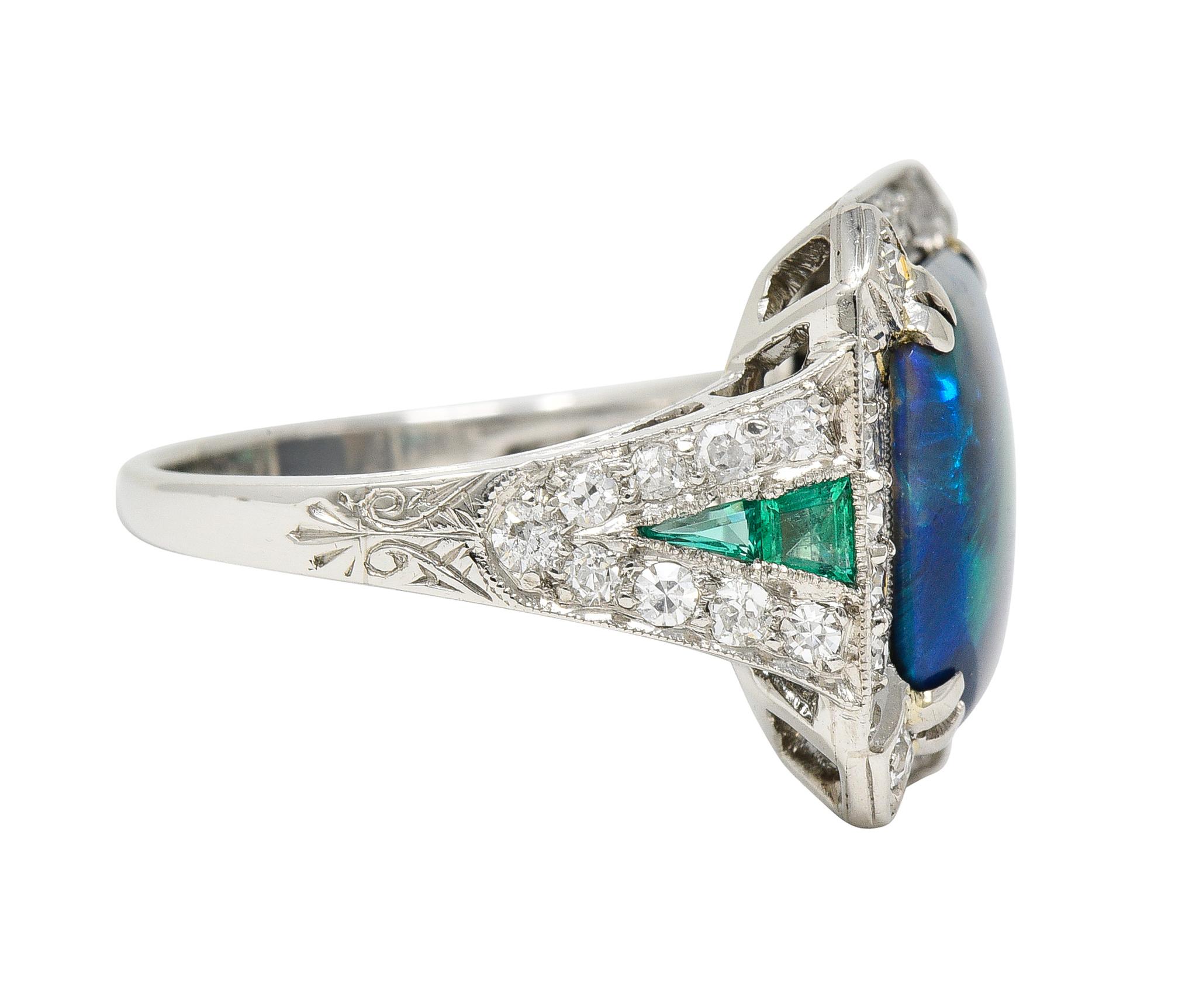 Octagon Cut Marcus & Co. Art Deco Octagonal Black Opal Emerald Diamond Platinum Halo Ring For Sale