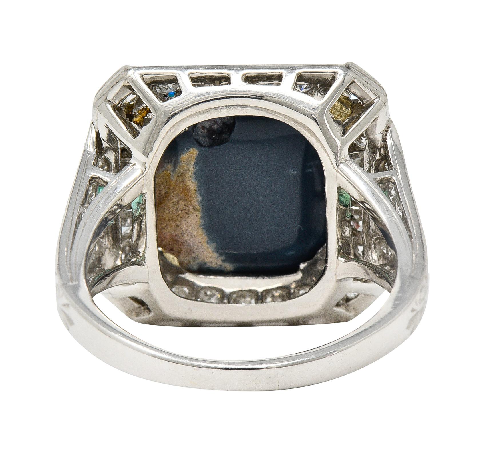 Marcus & Co. Art Deco Octagonal Black Opal Emerald Diamond Platinum Halo Ring In Excellent Condition For Sale In Philadelphia, PA