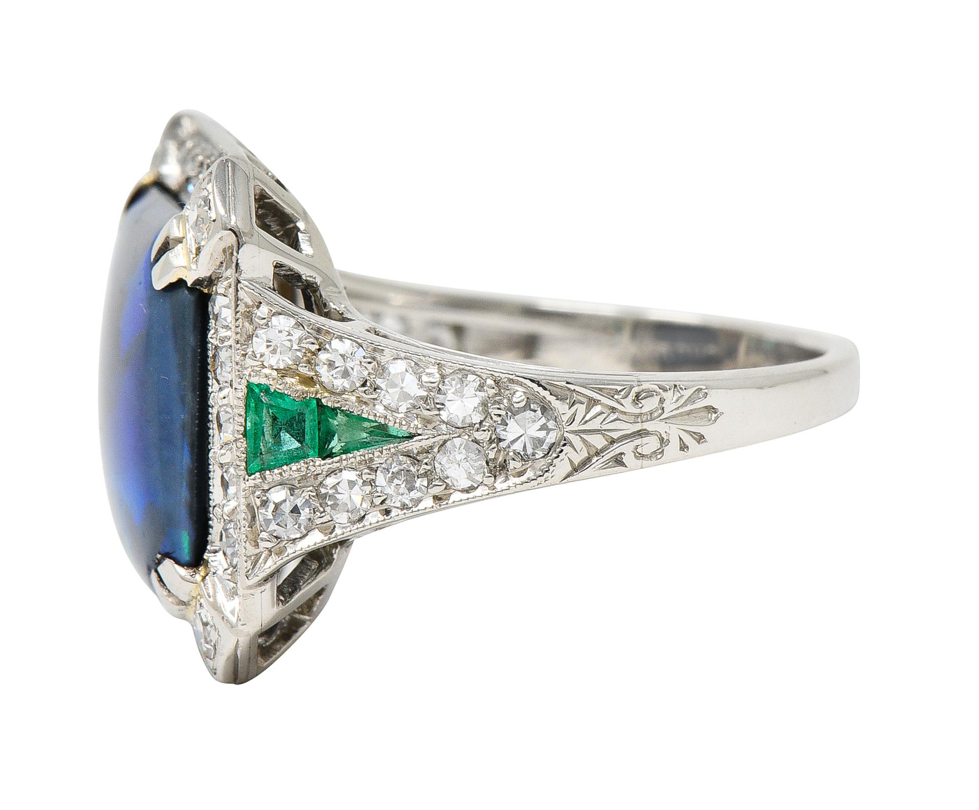 Women's or Men's Marcus & Co. Art Deco Octagonal Black Opal Emerald Diamond Platinum Halo Ring For Sale