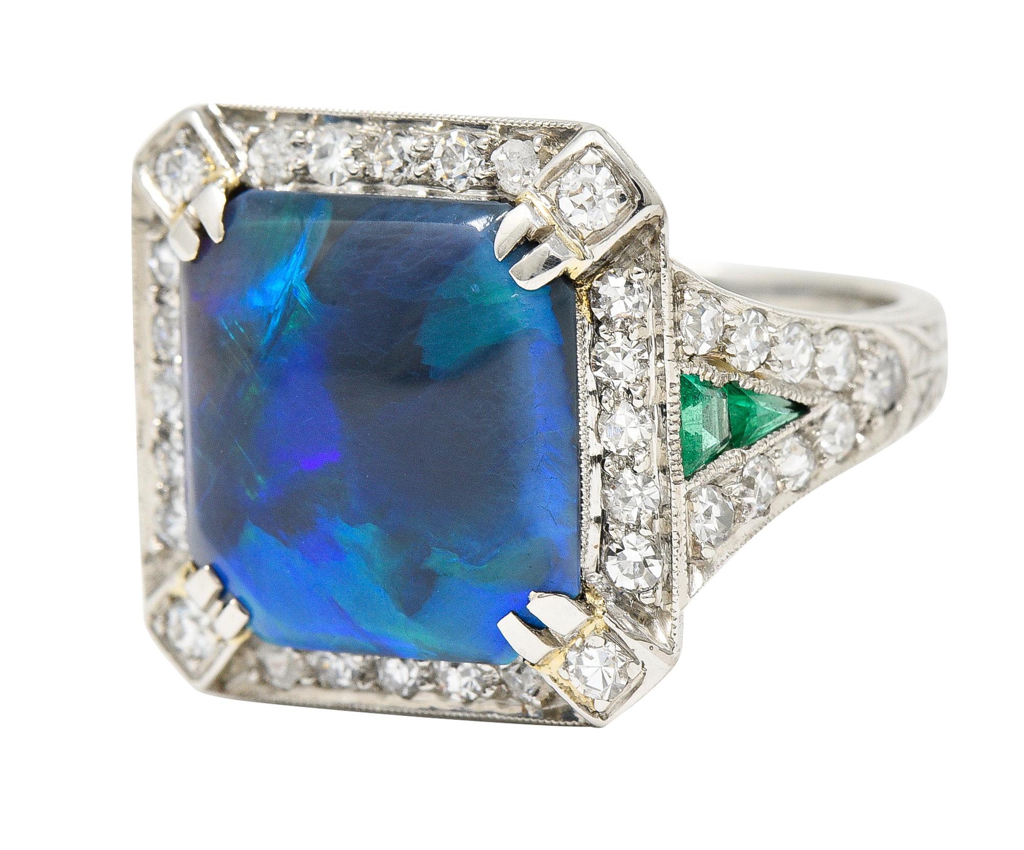 Marcus & Co. Art Deco Octagonal Black Opal Emerald Diamond Platinum Halo Ring For Sale 1