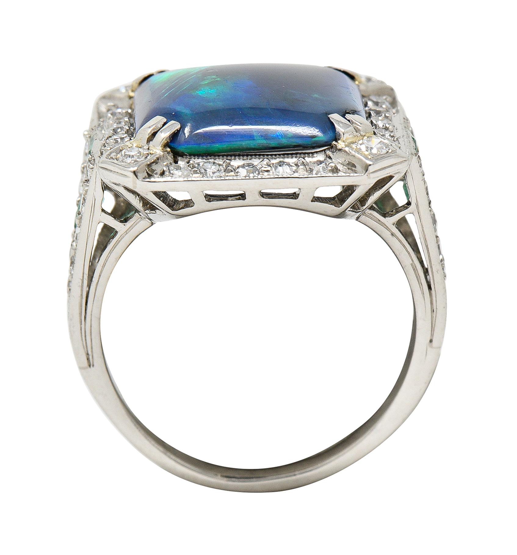 Marcus & Co. Art Deco Octagonal Black Opal Emerald Diamond Platinum Halo Ring For Sale 3