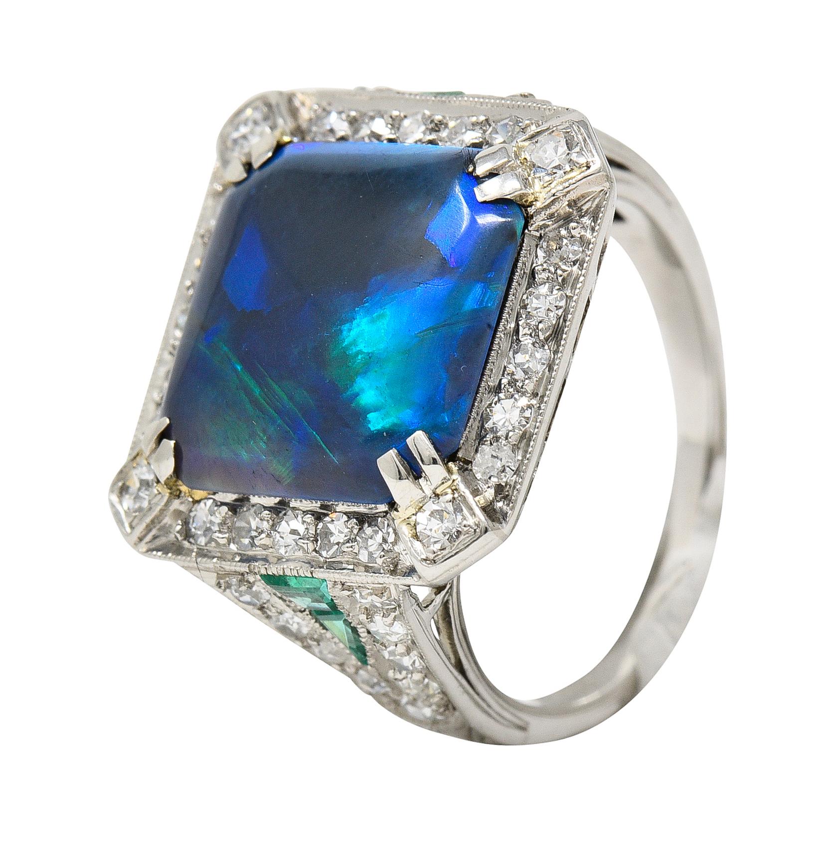 Marcus & Co. Art Deco Octagonal Black Opal Emerald Diamond Platinum Halo Ring For Sale 4