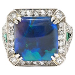 Marcus & Co. Art Deco Octagonal Black Opal Emerald Diamond Platinum Halo Ring