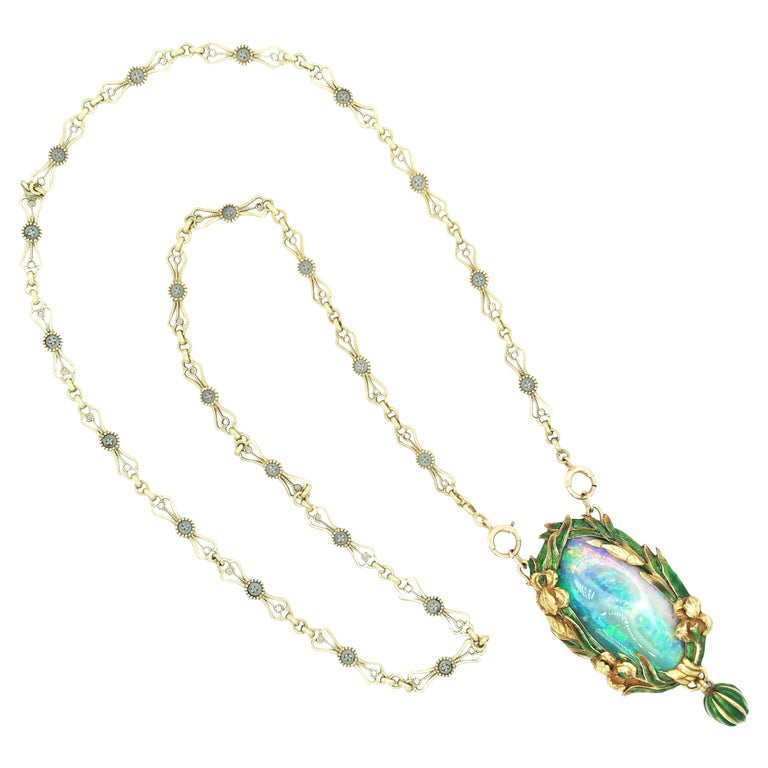 Marcus Co., Art Nouveau 14K Gold Opal Enamel Iris Pendant Necklace at ...