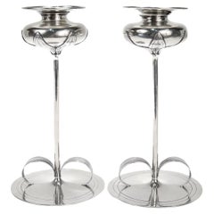 Marcus & Co Arts & Crafts Tulip Flower Towle Sterling Silver Candlesticks Pair