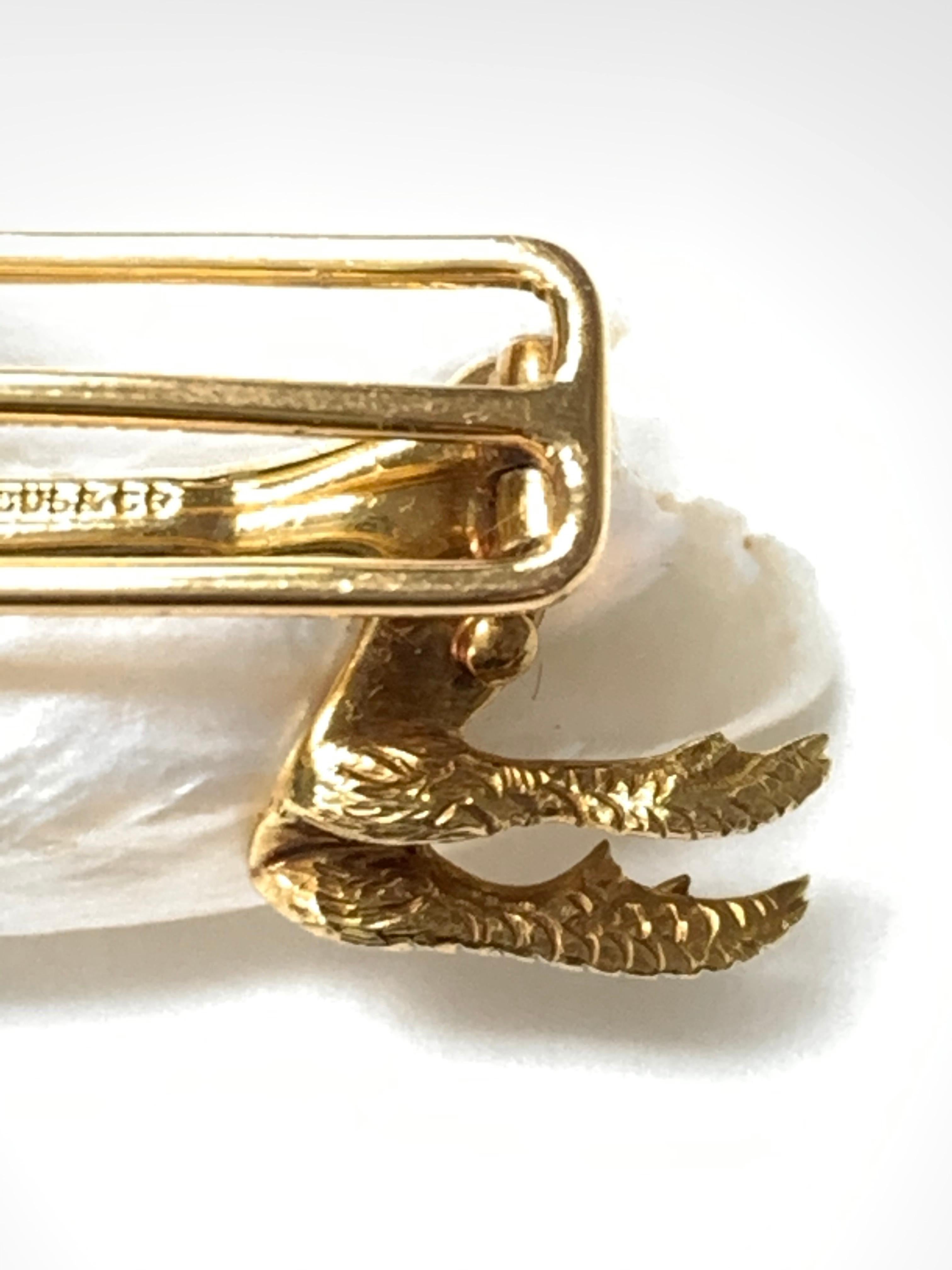Round Cut Marcus & Co. circa 1915 Natural Pearl, Ruby and Diamond Goose Pin in Gold For Sale