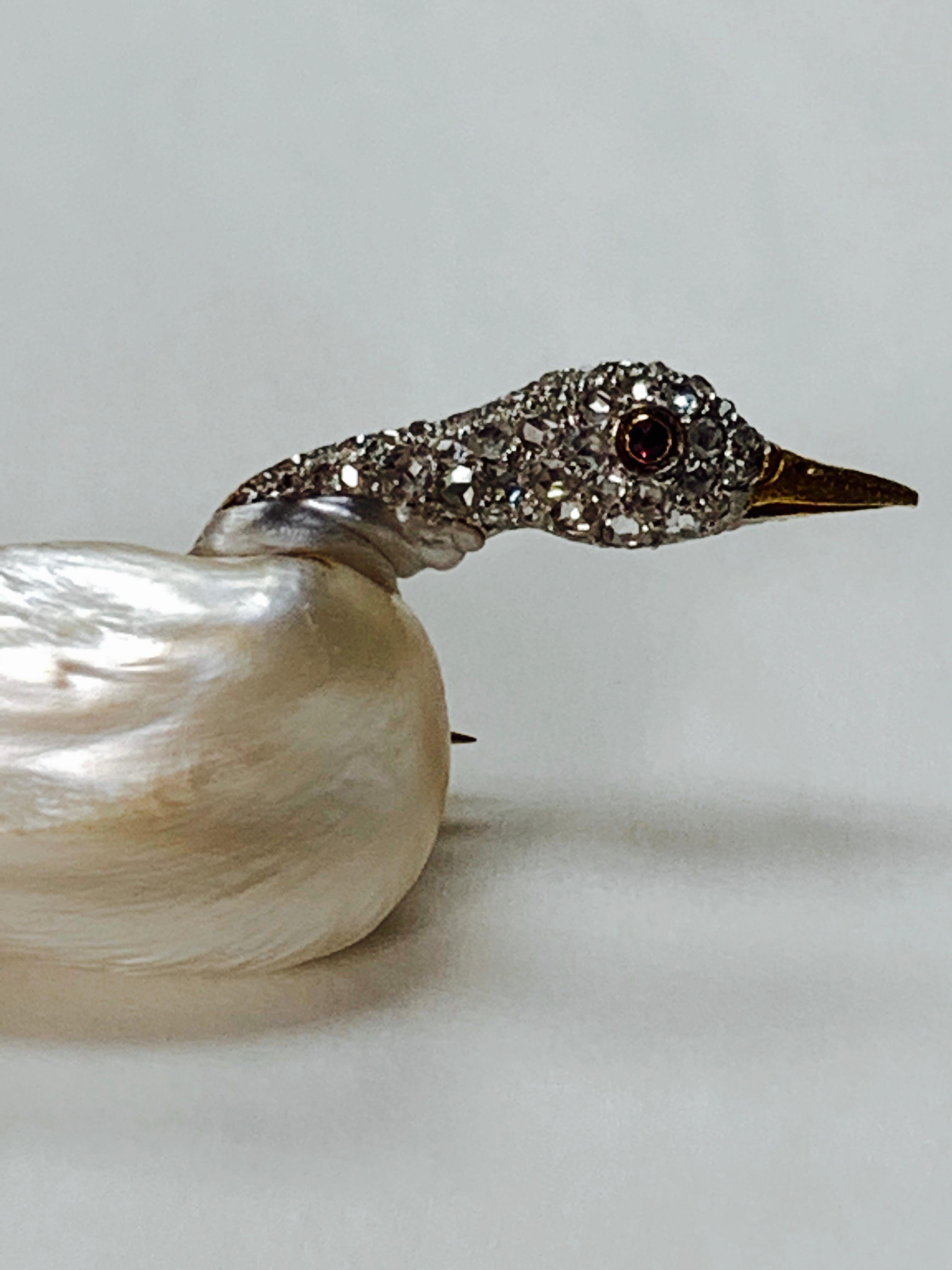 Women's Marcus & Co. circa 1915 Natural Pearl, Ruby and Diamond Goose Pin in Gold For Sale
