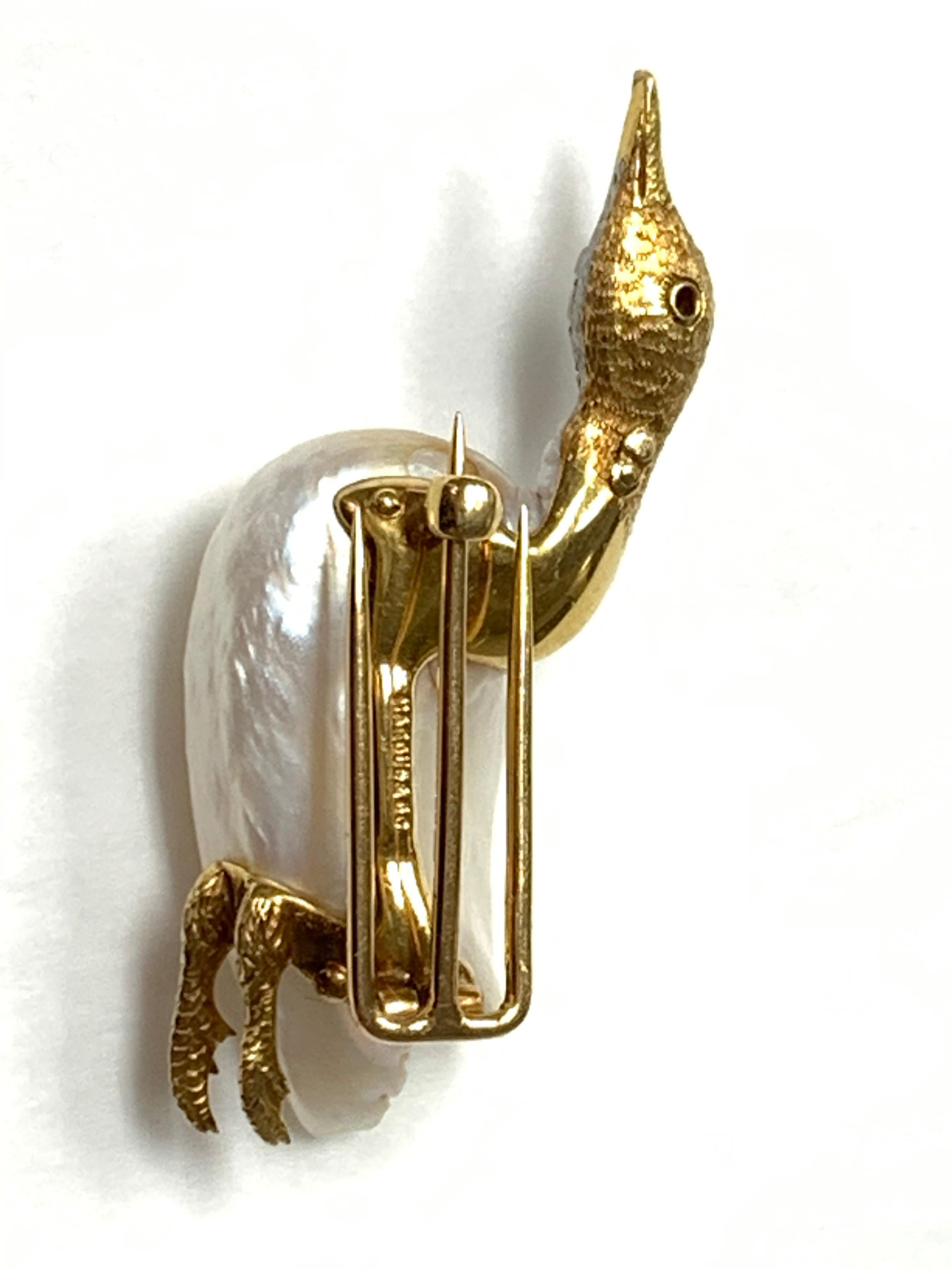 Marcus & Co. circa 1915 Natural Pearl, Ruby and Diamond Goose Pin in Gold For Sale 1