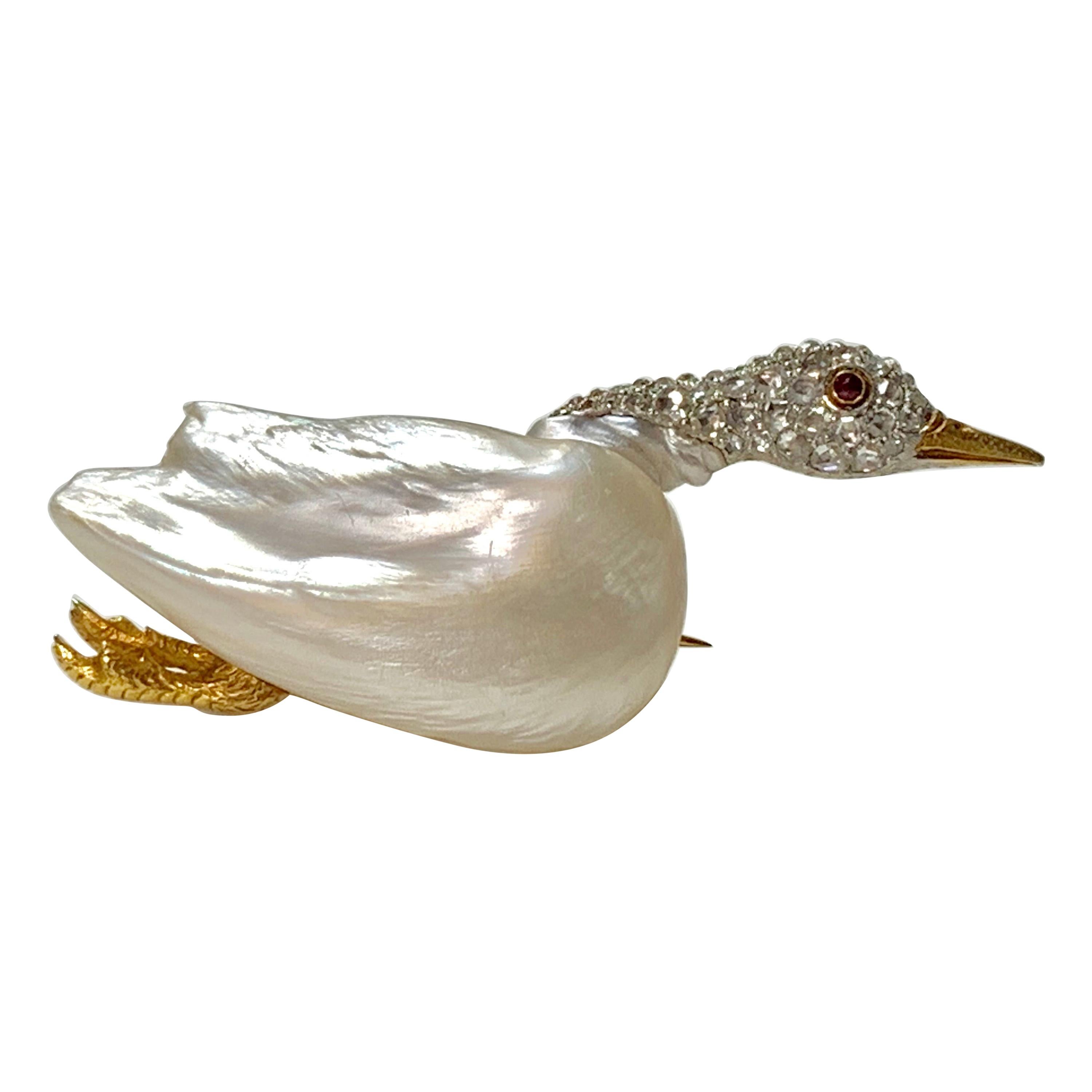 Marcus & Co. circa 1915 Natural Pearl, Ruby and Diamond Goose Pin in Gold