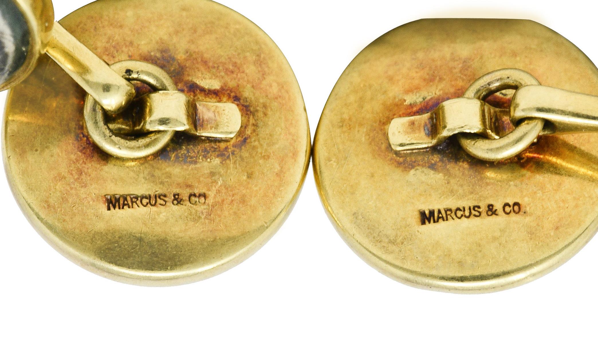 Taille ronde Marcus & Co. Boutons de manchette Edwardian Essex en or jaune 14K et cristal de nacre en vente