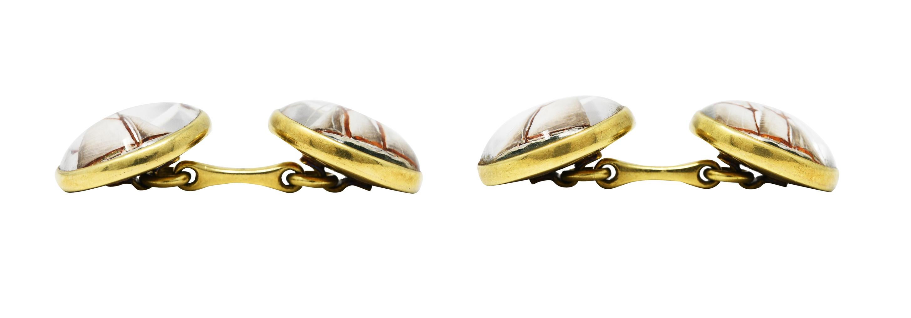 Round Cut Marcus & Co. Edwardian Essex Crystal Mother-Of-Pearl 14K Yellow Gold Cufflinks For Sale