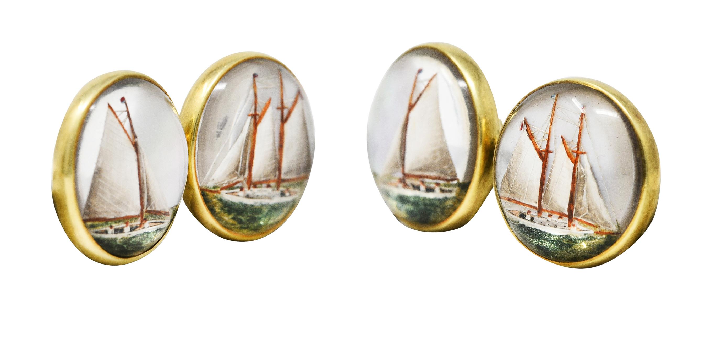 Marcus & Co. Edwardian Essex Crystal Mother-Of-Pearl 14K Yellow Gold Cufflinks In Excellent Condition For Sale In Philadelphia, PA