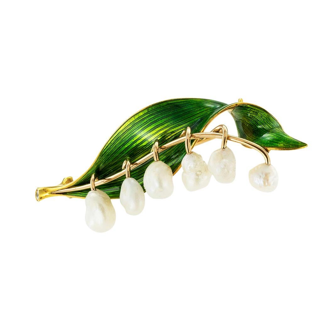 Marcus & Co green enamel and pearl lily of the valley antique yellow gold brooch circa 1900.  *

ABOUT THIS ITEM:  #P-DJ128J. Scroll down for detailed specifications.  This exquisite lily of the valley brooch features green enamel and six unique