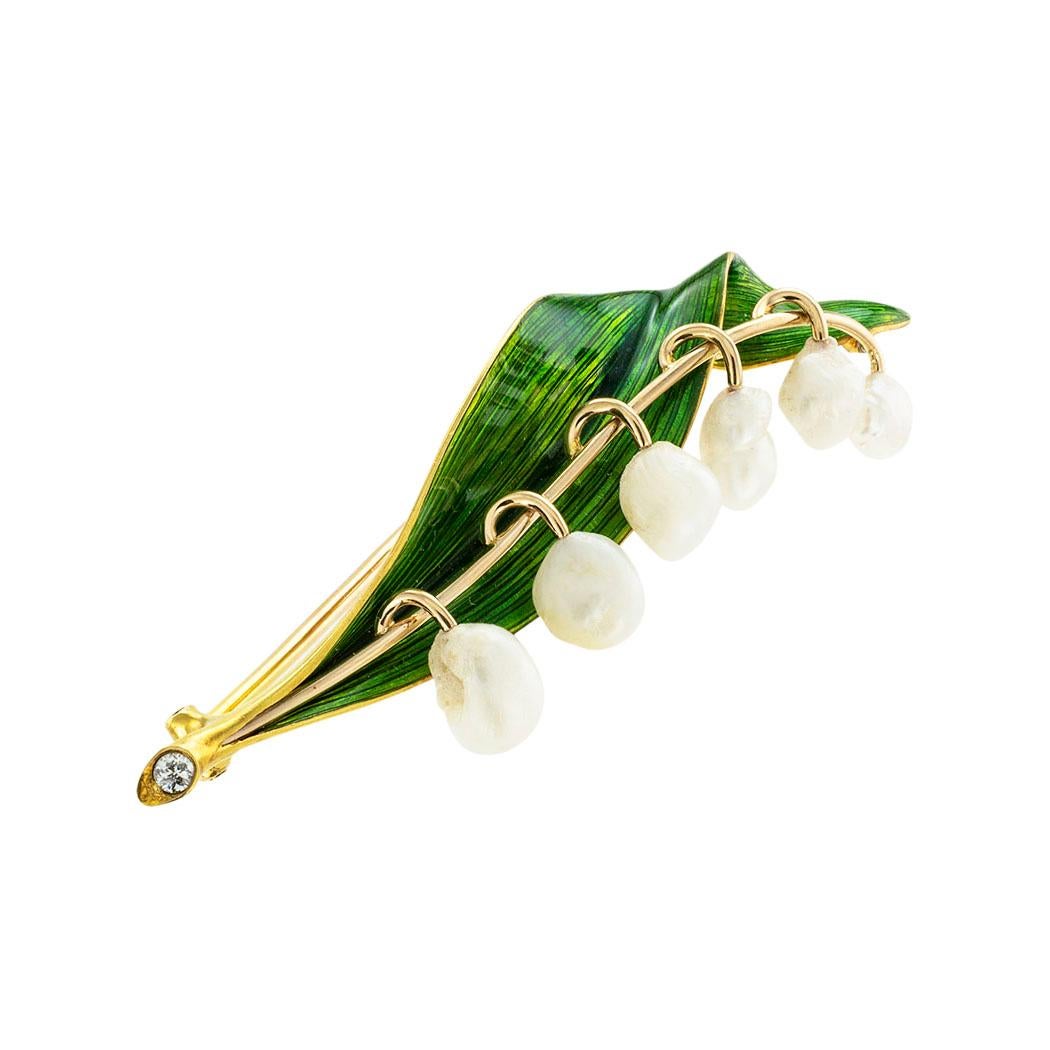 Art nouveau Marcus & Co Broche Lily of The Valley en or, émail et perles en vente
