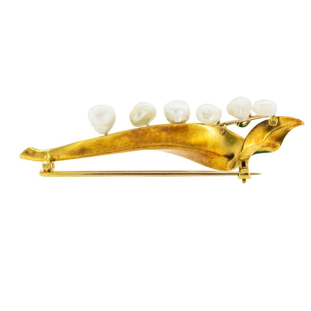 Taille mixte Marcus & Co Broche Lily of The Valley en or, émail et perles en vente