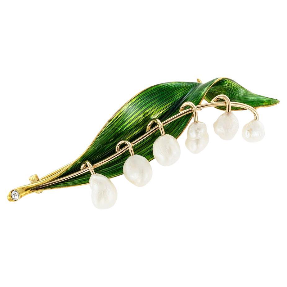 Marcus & Co Broche Lily of The Valley en or, émail et perles