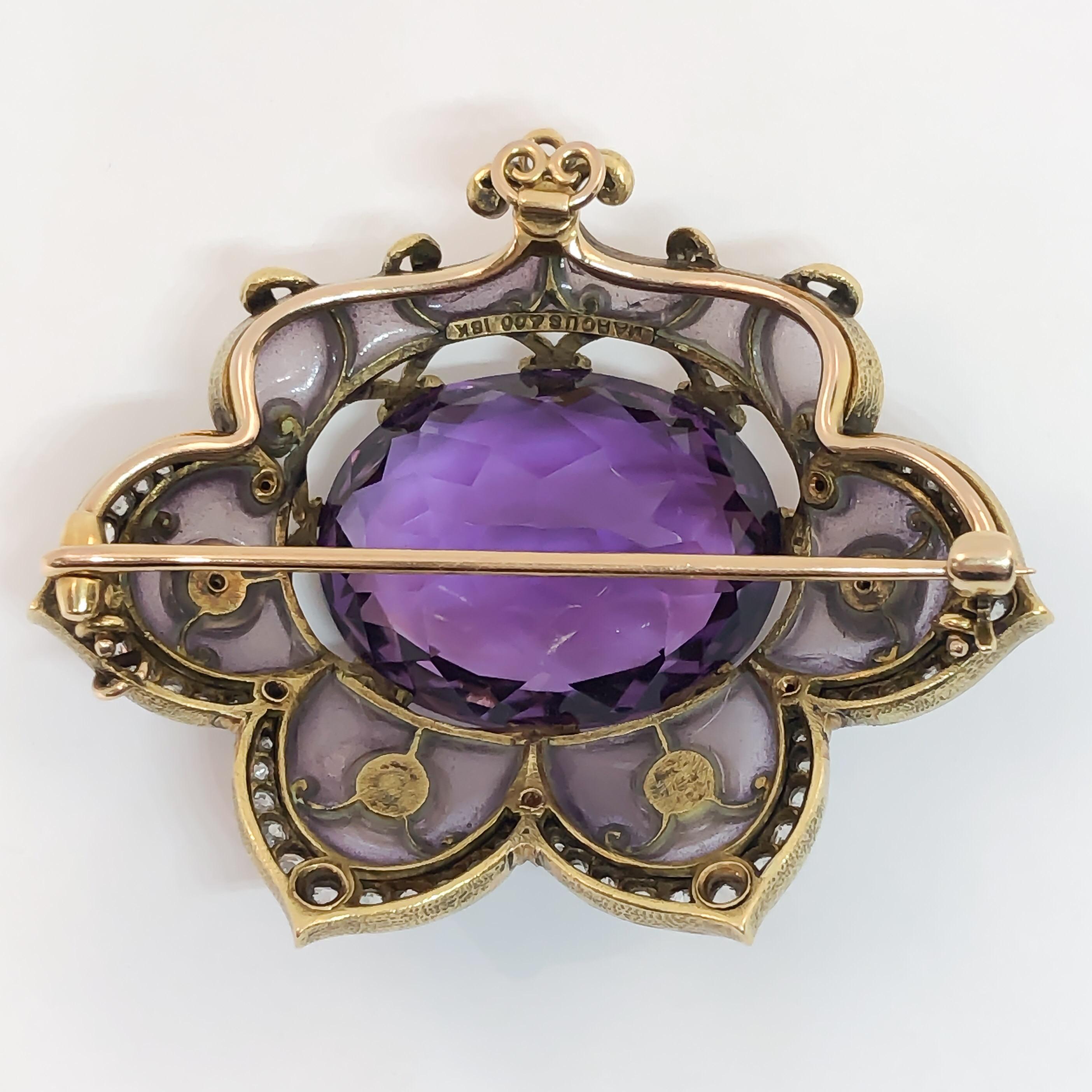 Marcus & Co Plique-à-Jour Art Nouveau Brooch 

Authentic antique large oval Amethyst brooch with diamond and pearls. The genuine fine quality faceted oval amethyst measures 23mm x 18mm weighing approximately 20 carats. The diamonds are set in