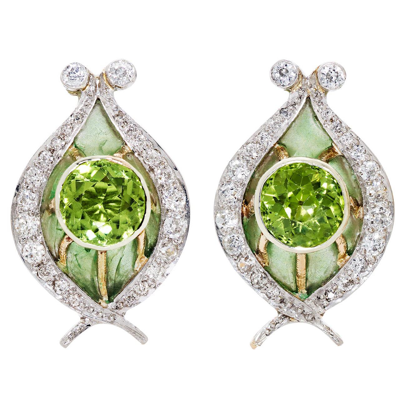 4.04 Carats Round Peridot and Diamond Plique a Jour Earrings in Platinum and 14K