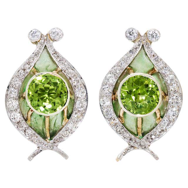 4.04 Carats Round Peridot and Diamond Plique a Jour Earrings in ...