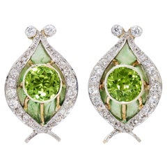 Antique 4.04 Carats Round Peridot and Diamond Plique a Jour Earrings in Platinum and 14K