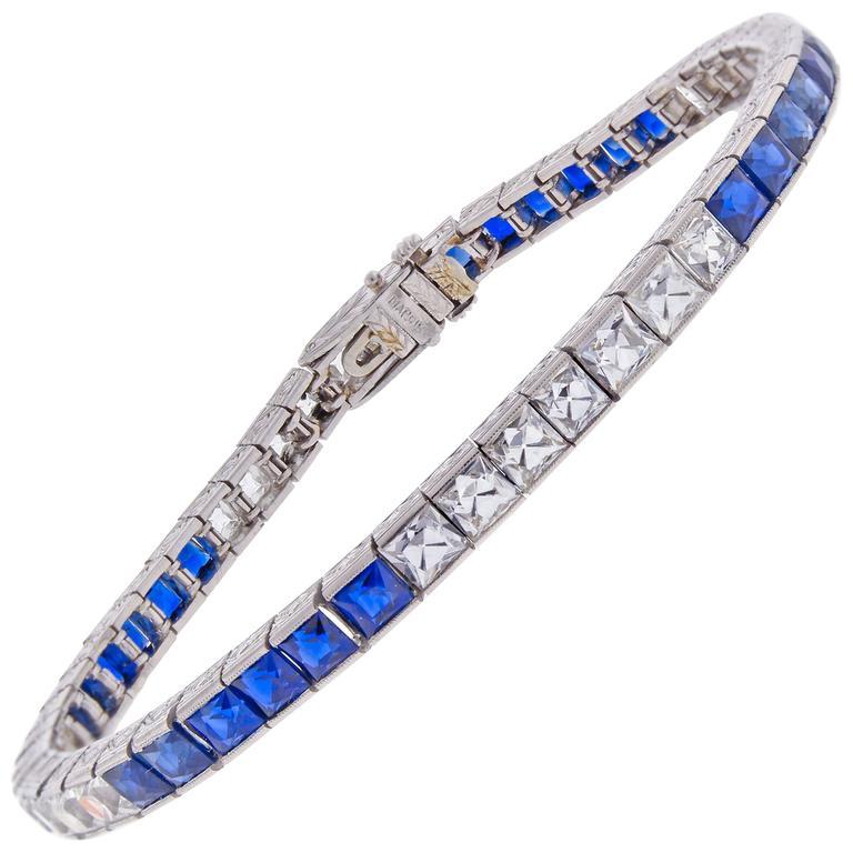 Women's or Men's Marcus & Co.. Sapphire French Cut Diamond Platinum Bracelet