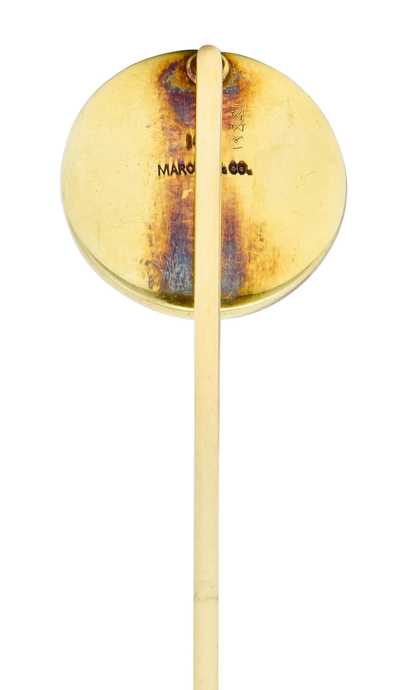 Marcus & Co. Victorian Painted Carved Rock Crystal 14 Karat Gold Stickpin In Excellent Condition In Philadelphia, PA