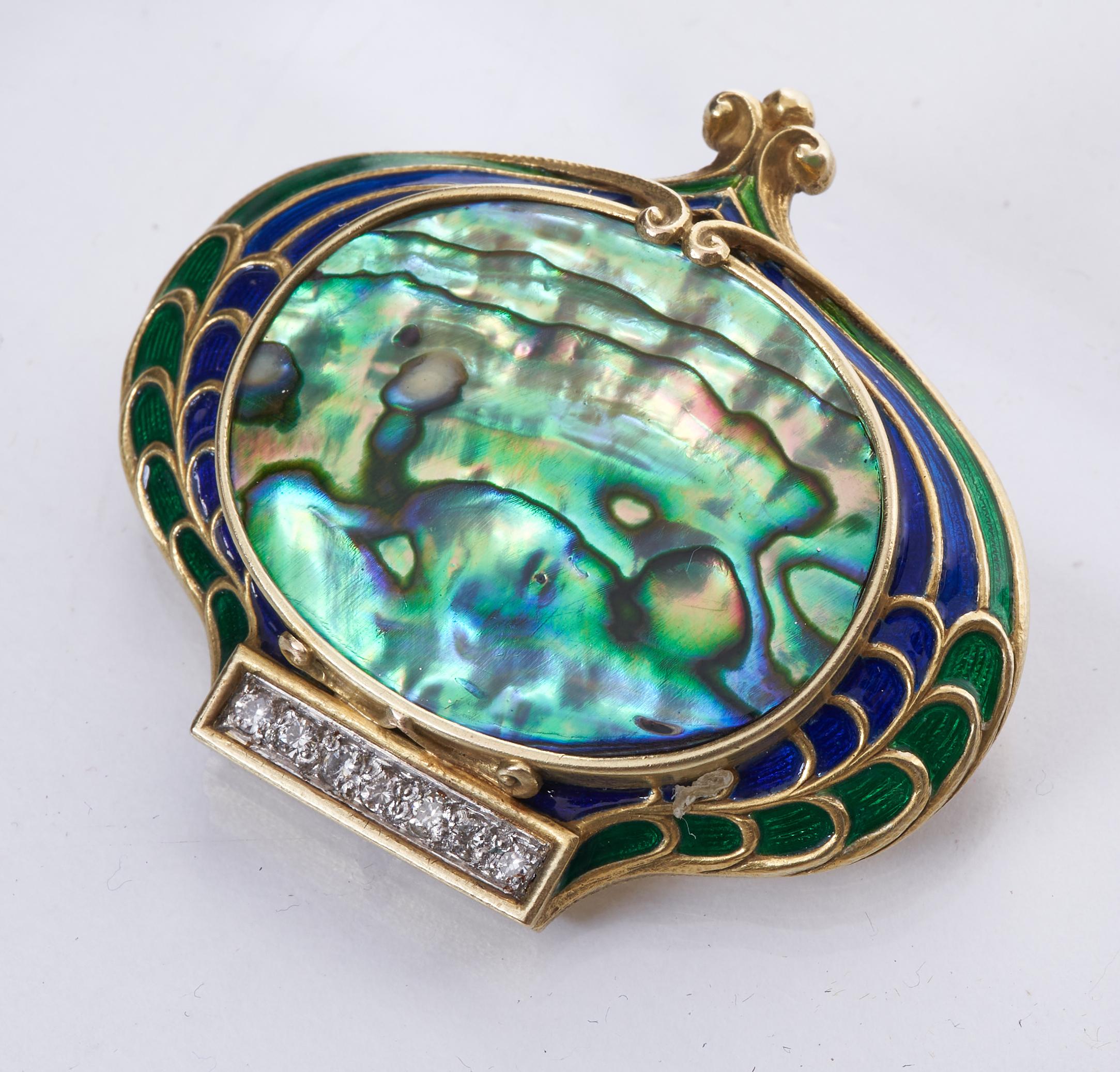 Museum quality Marcus & Company signed art nouveau brooch. Enameled 18k gold with diamonds and Polished Abalone
Dimensions: 1.75