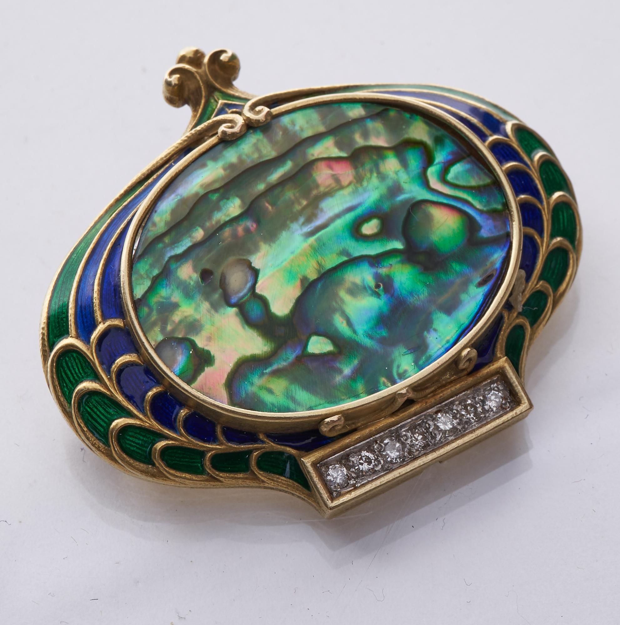 Round Cut Marcus & Company Museum Quality Gold Diamond and Enamel Art Nouveau Brooch