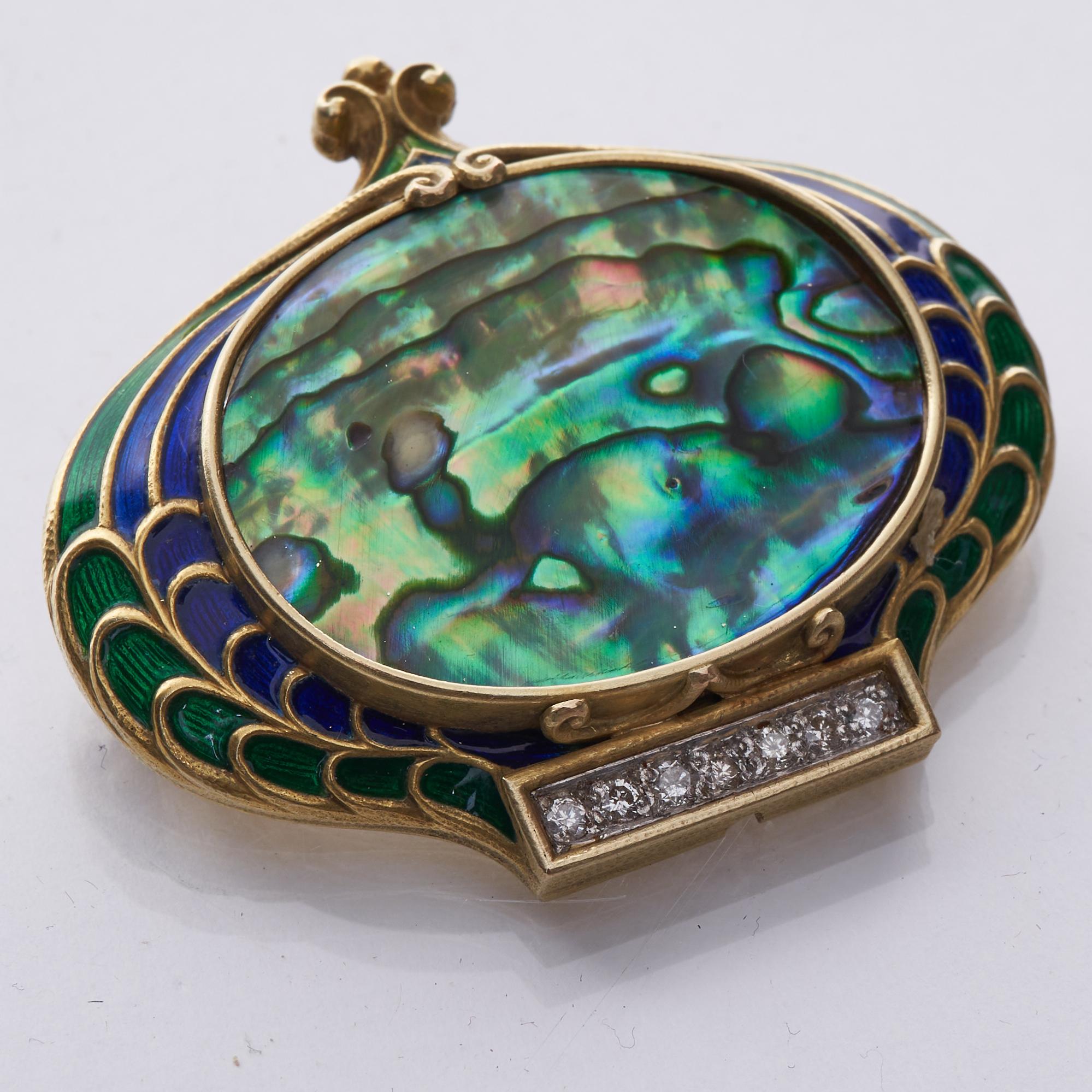 Marcus & Company Museum Quality Gold Diamond and Enamel Art Nouveau Brooch In Good Condition In Kingston, NY