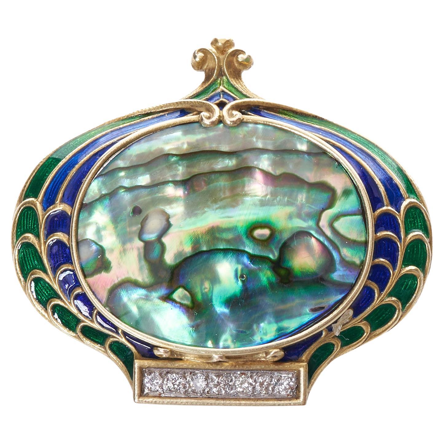 Marcus & Company Museum Quality Gold Diamond and Enamel Art Nouveau Brooch