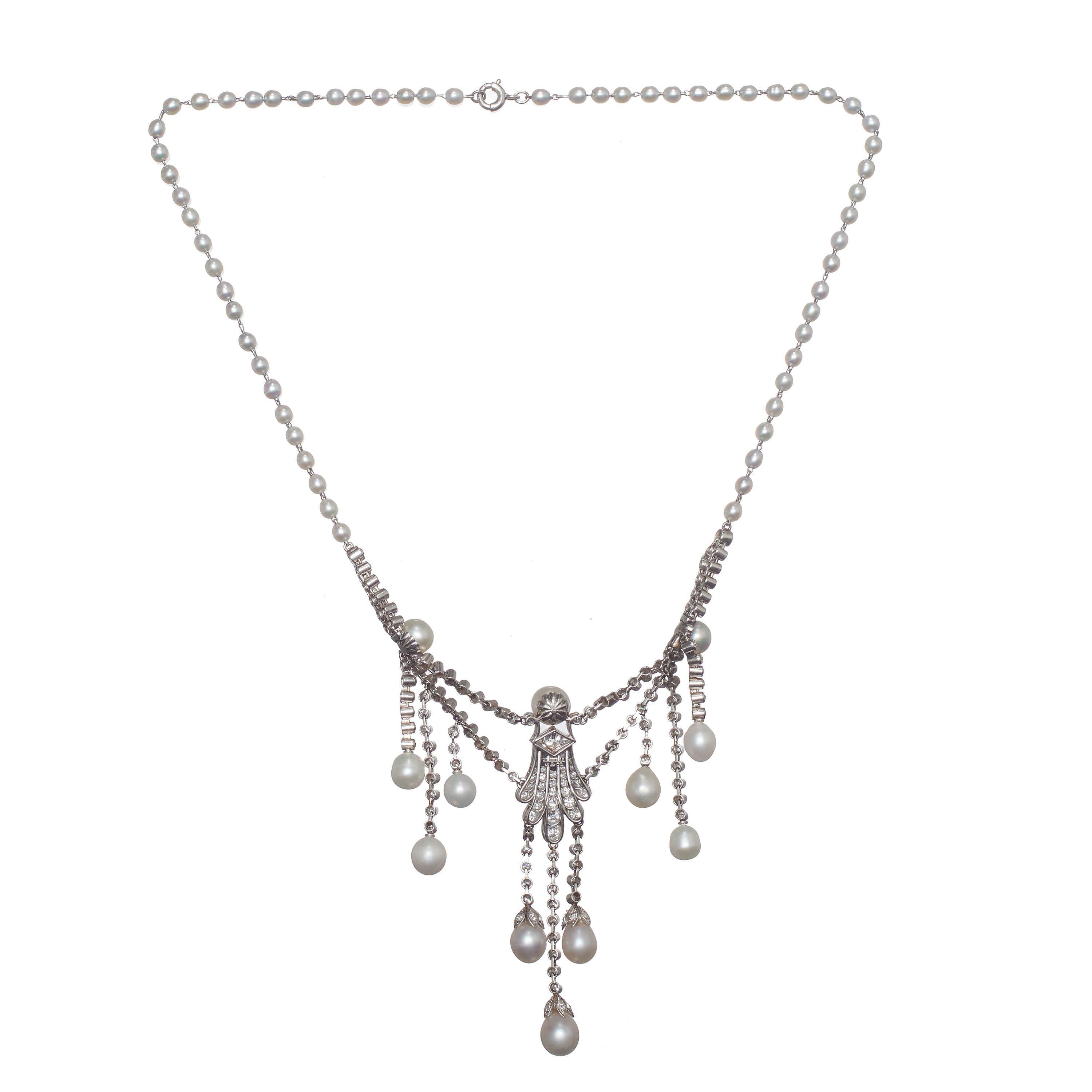 Marcus Natural Pearl Diamond and Platinum Necklace, Circa 1920 In Good Condition For Sale In London, GB