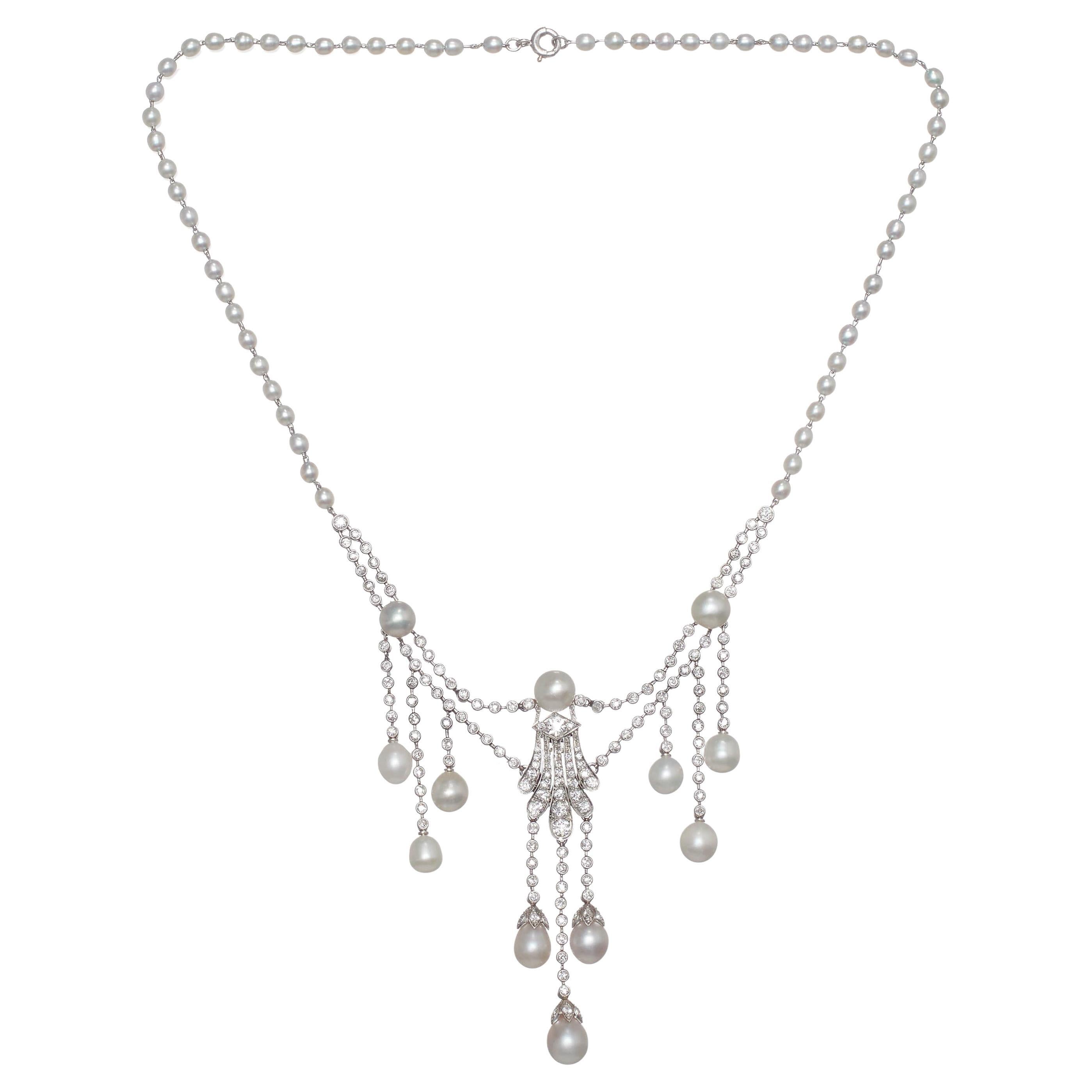 Marcus Natural Pearl Diamond and Platinum Necklace, Circa 1920 For Sale