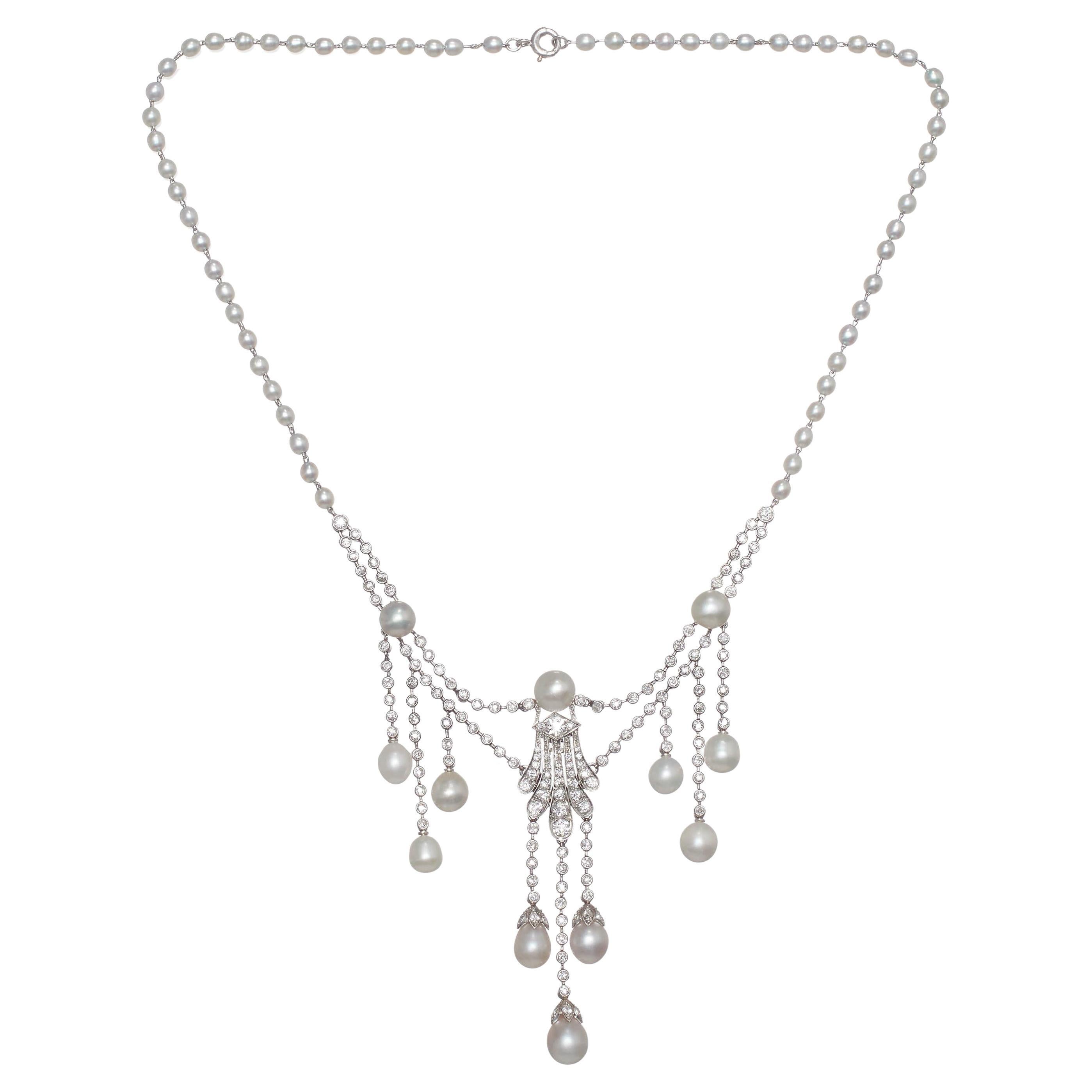 Marcus Natural Pearl, Diamond and Platinum Necklace, Circa 1920
