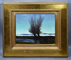 Ancienne peinture à l'huile américaine de style « After Glow », représentant un paysage de coucher de soleil, signée