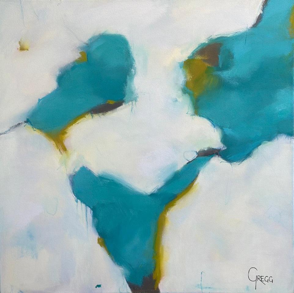 This abstract painting, "Without Wavering", by artist Marcy Gregg is a 36x36 oil painting on canvas featuring overall teal, ivory, and taupe colors with small pops of yellow and brown.

About the artist:
Known for her abstracts and her strong use of