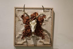 "Fall" sculpture by Marcy Lally, skull, handmade terracotta flowers
