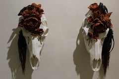 "Full Circle" sculpture by Marcy Lally, skull, handmade terracotta flowers