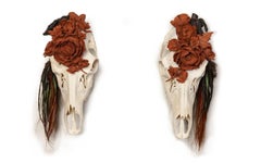 "Full Circle" sculpture by Marcy Lally, skull, handmade terracotta flowers