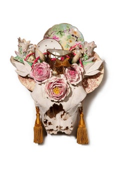 "Horns of Dilemma" sculpture, skull, found objects, handmade porcelain flowers