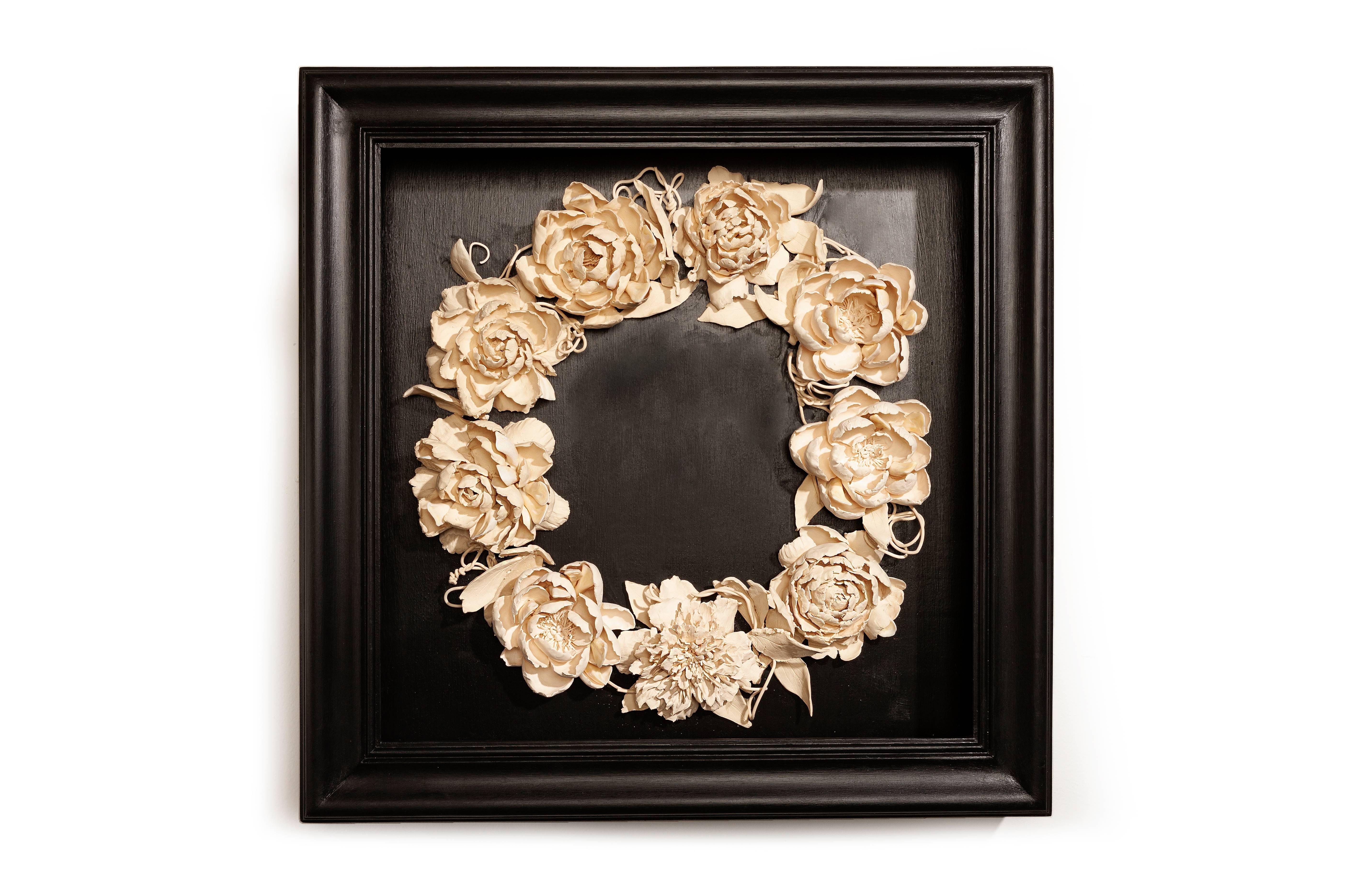 "Peony Wreath" wall hanging sculpture with hand made porcelain flowers and teeth - Sculpture by Marcy Lally
