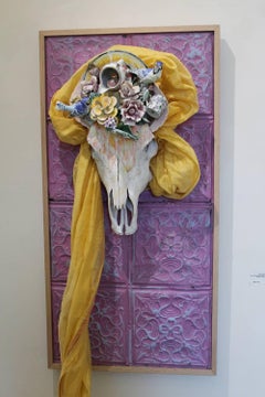 "Spring Equinox" sculpture, skull, fabric, handmade porcelain flowers