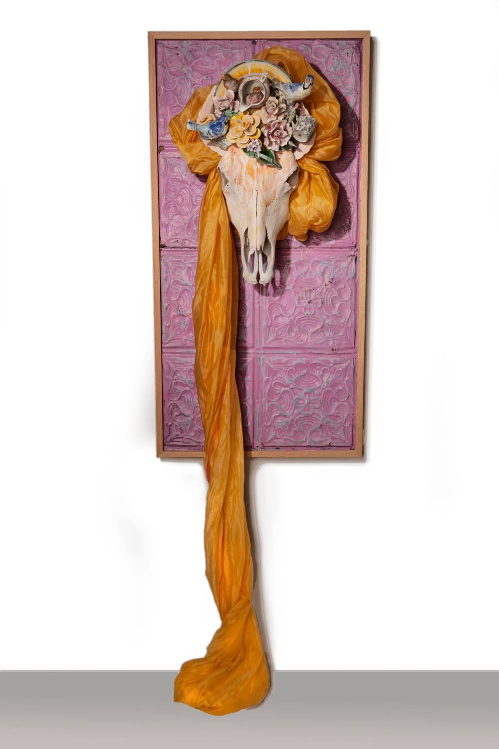 "Spring Equinox" sculpture, skull, fabric, handmade porcelain flowers - Sculpture by Marcy Lally