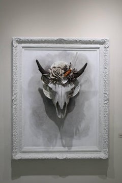 "Winter Solstice" sculpture, skull, found objects, handmade porcelain flowers