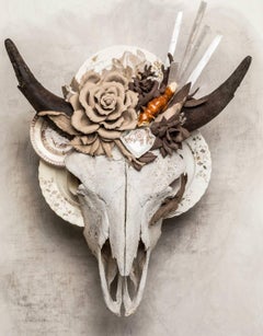 "Winter Solstice" sculpture, skull, found objects, handmade porcelain flowers