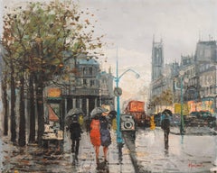 'Paris in the Rain', Large French School Post-Impressionist oil
