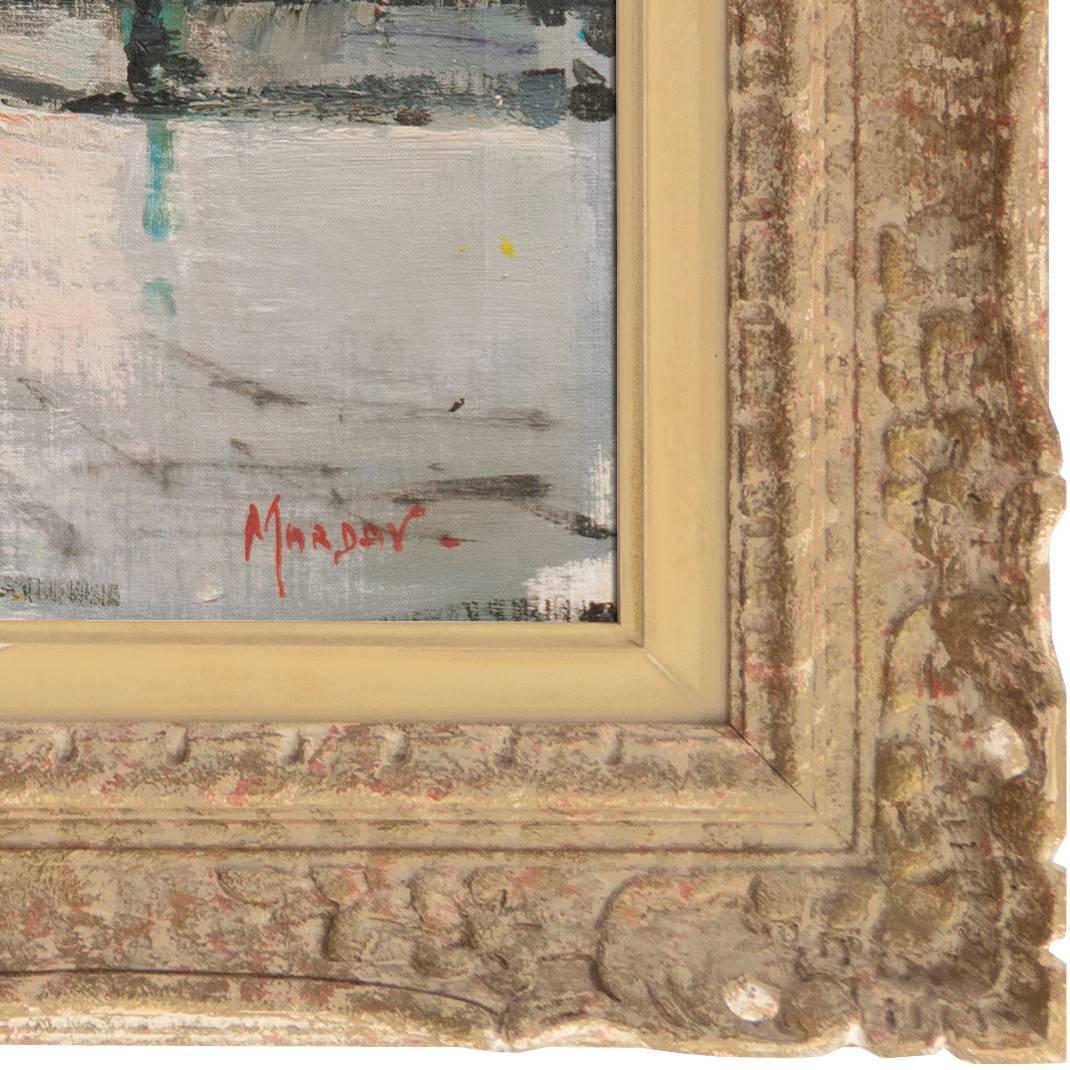 'Paris in the Rain', Large French School Post-Impressionist oil - Brown Landscape Painting by Marda